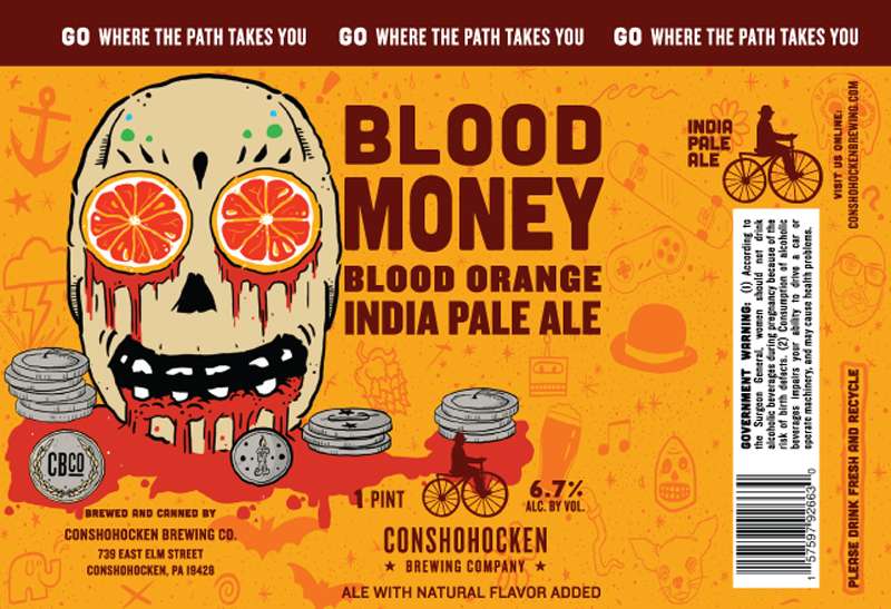 Label for Blood Money blood orange IPA from Conshohoken Brewing Company