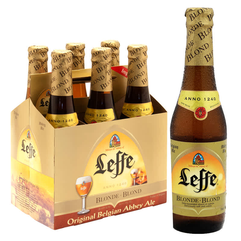 6-Pack of Leffe Blonde beer next to a single bottle