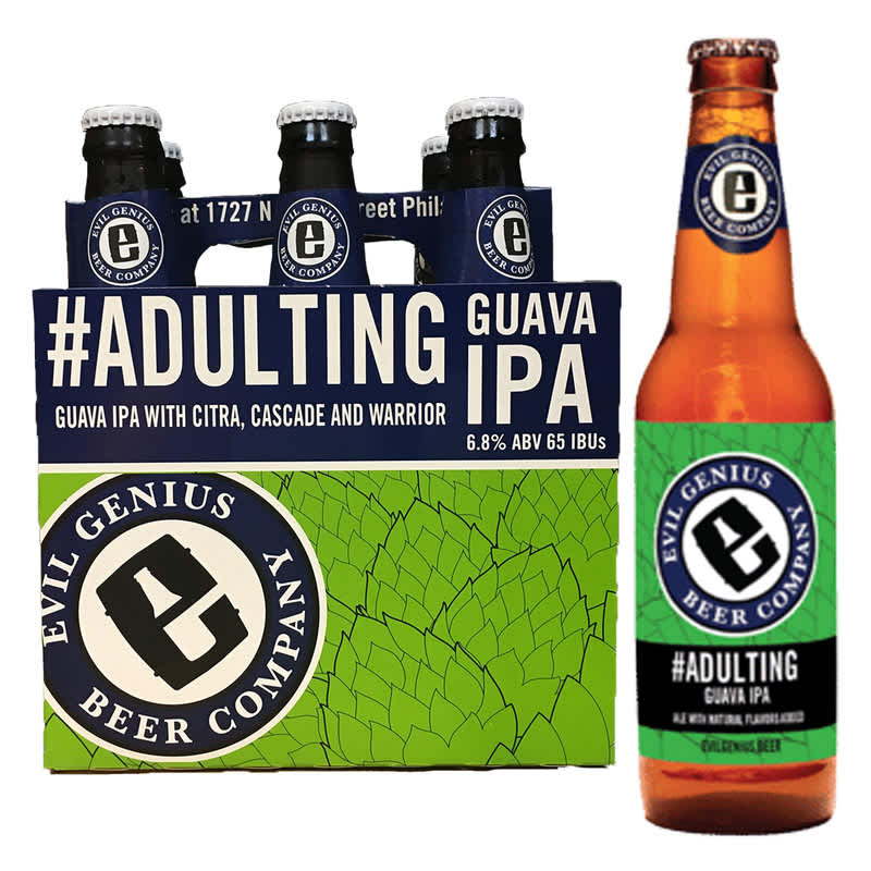 6-pack of Evil Genius #Adulting Guava IPA next to a single bottle