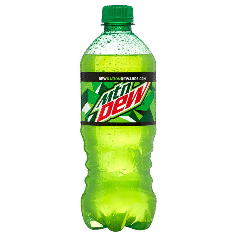 A 20-ounce bottle of Mountain Dew soda