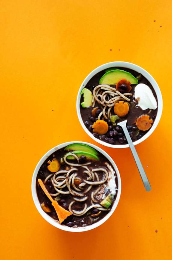 Black bean boo-dle soup in two bowls