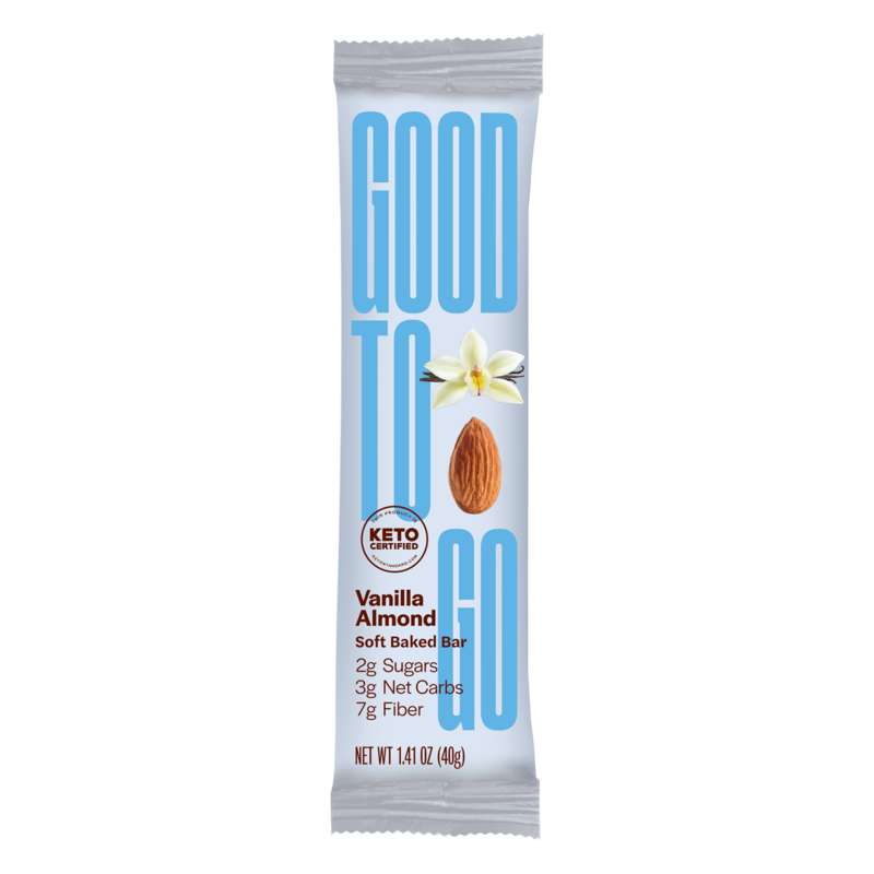 A 1.4 oz Good to Go snack bar in the flavor vanilla almond