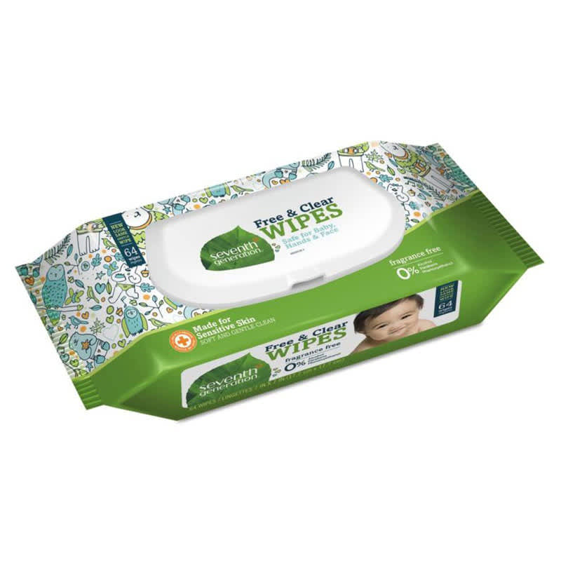 A 64 ct package of Seventh Generation brand scent-free baby wipes