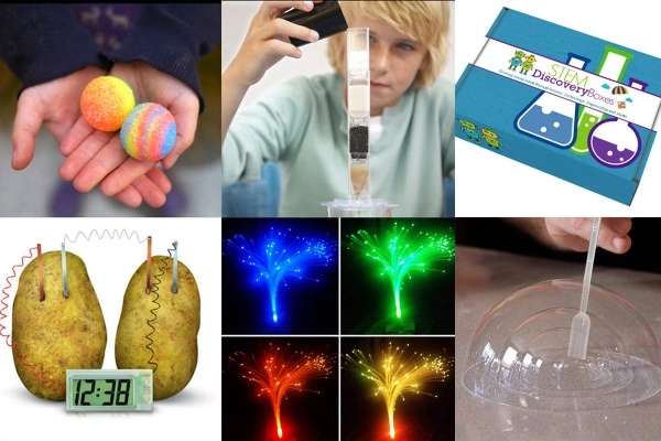 Collage of 6 different experiments from a STEM Science Subscription Box