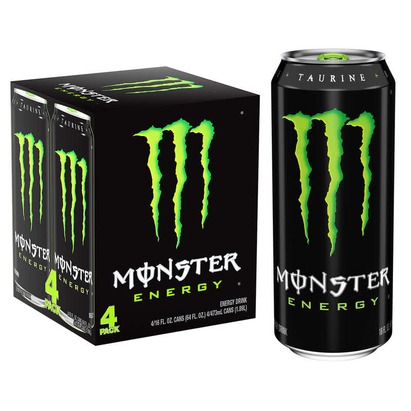 A 4-pack of 16-ounce Monster Energy drinks, Green flavor