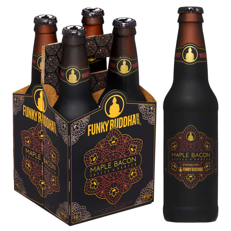 4-pack of Funky Buddha Maple Bacon Coffee Porter next to a single bottle