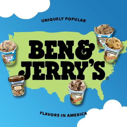 U.S. map with Ben & Jerry’s text overlay & five pints of ice cream