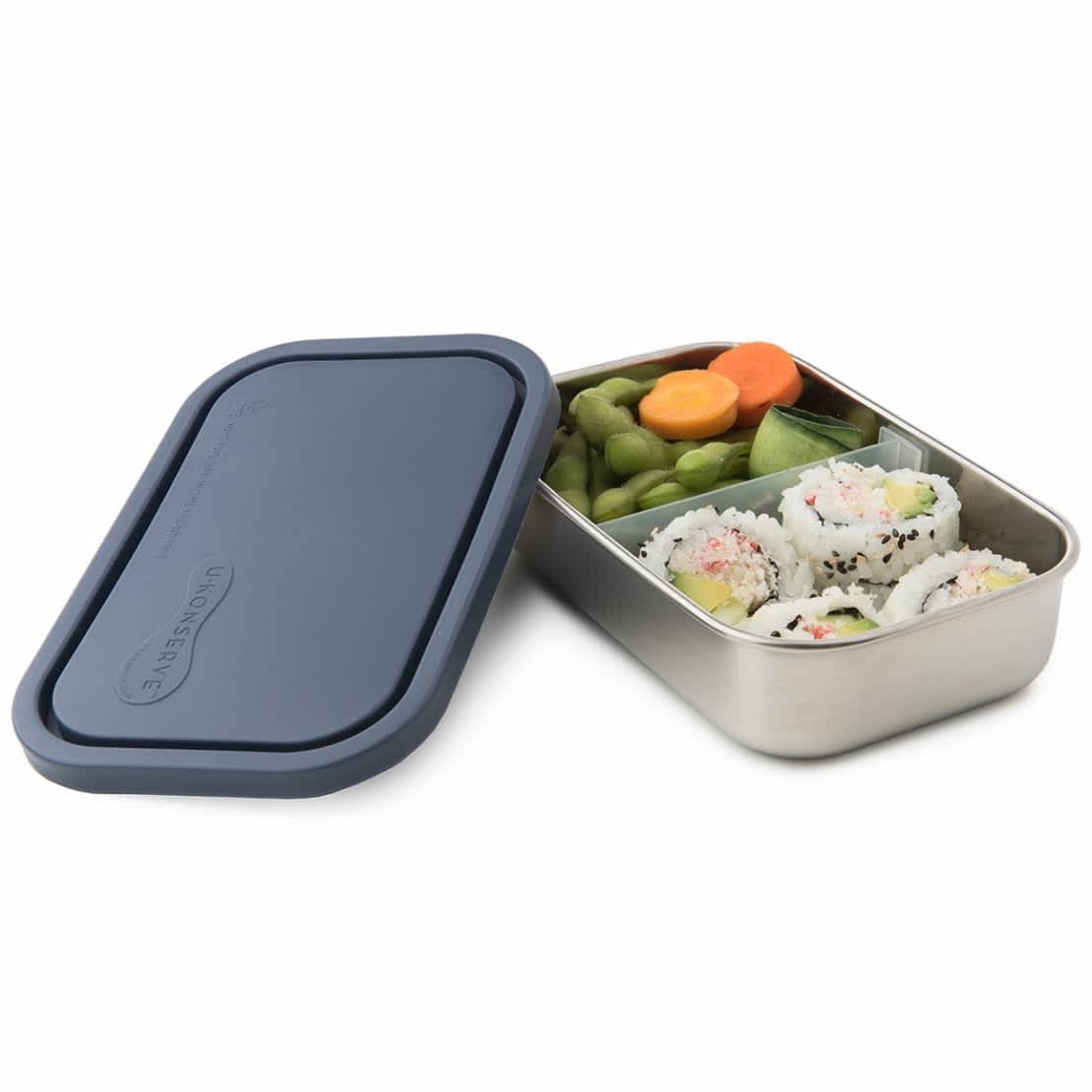 U-Konserve brand stainless steel rectangle food container with a center divider
