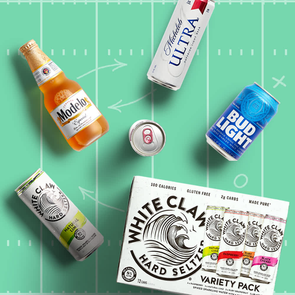 An array of alcohol products that Gopuff carries on a football field background