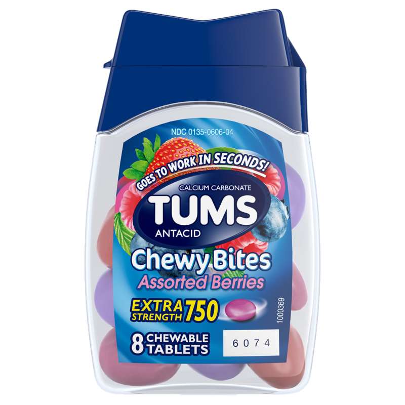 A bottle of Tums Chewy Bites in Assorted Berries flavor