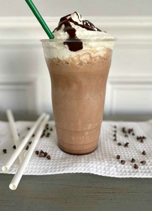 A a double chocolate chip frappuccino with straws