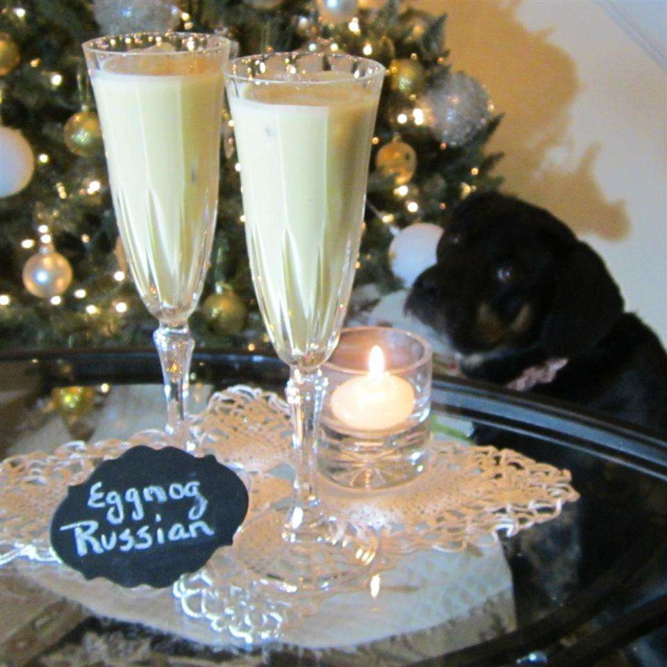Eggnog, rum and Kahlua cocktail called Eggnog Russian in champagne flutes