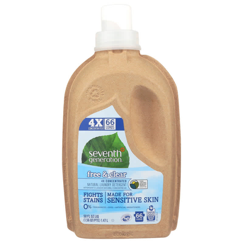 50 oz brown biodegradable container of Seventh Generation Concentrated Free & Clear Liquid Laundry Detergent 