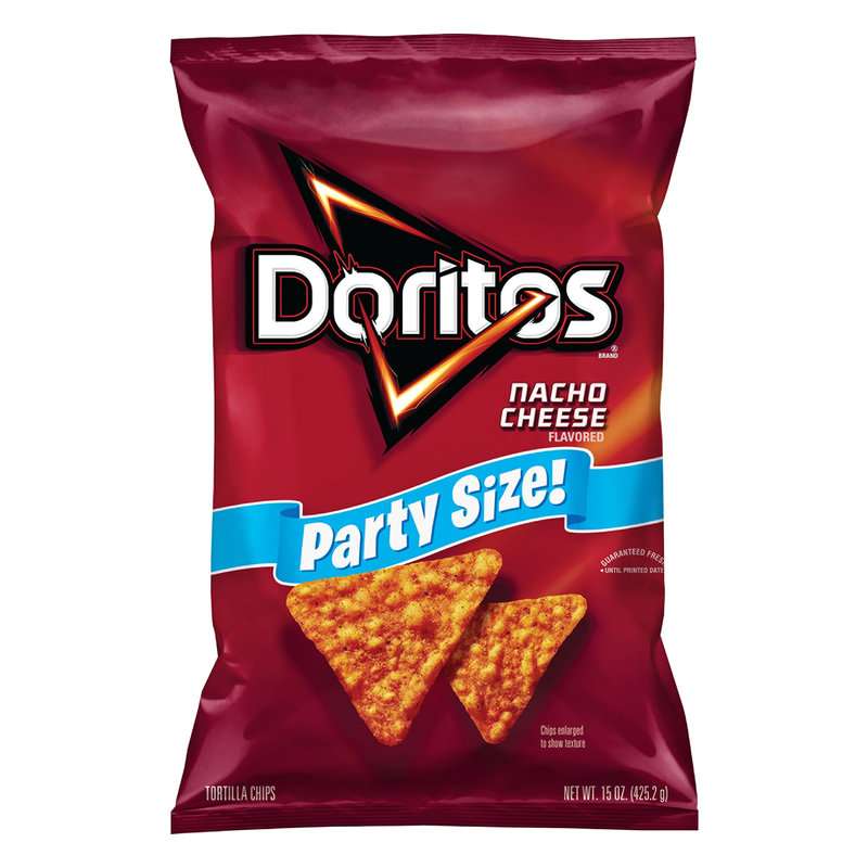 A party size bag of nacho cheese Doritos