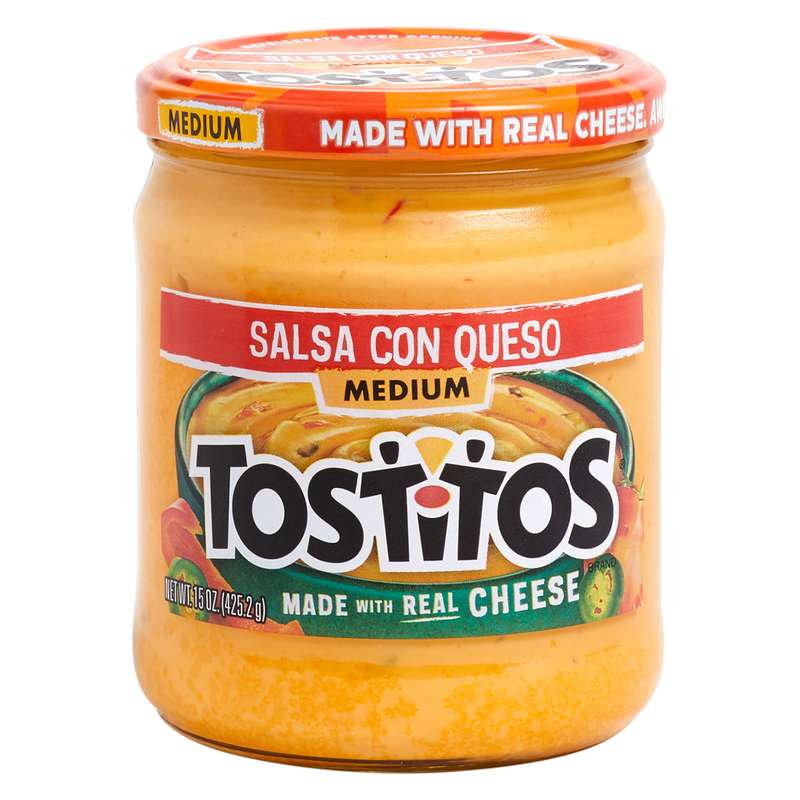 A jar of Tostitos Salsa Con Queso dip, Medium spiciness