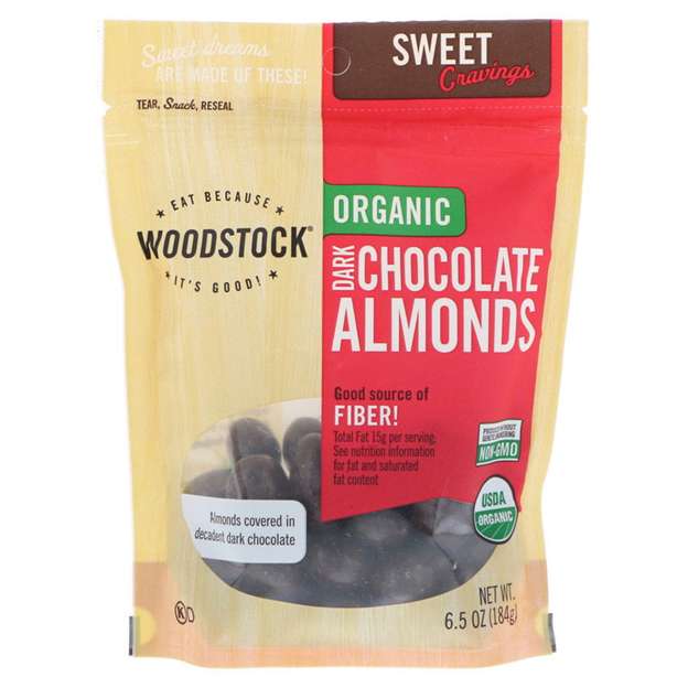 A bag of Woodstock Organic Dark Chocolate Almonds