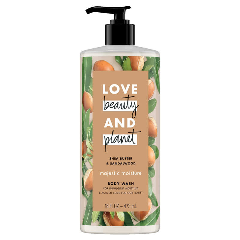 Love Beauty and Planet brand of shea butter and sandalwood scented body wash