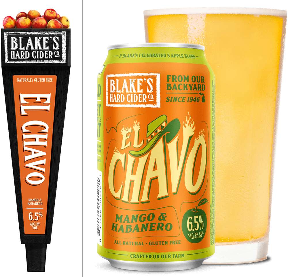 A tap handle, a can and a pint glass of El Chavo Mango & Habanero from Blake’s Hard Cider Company