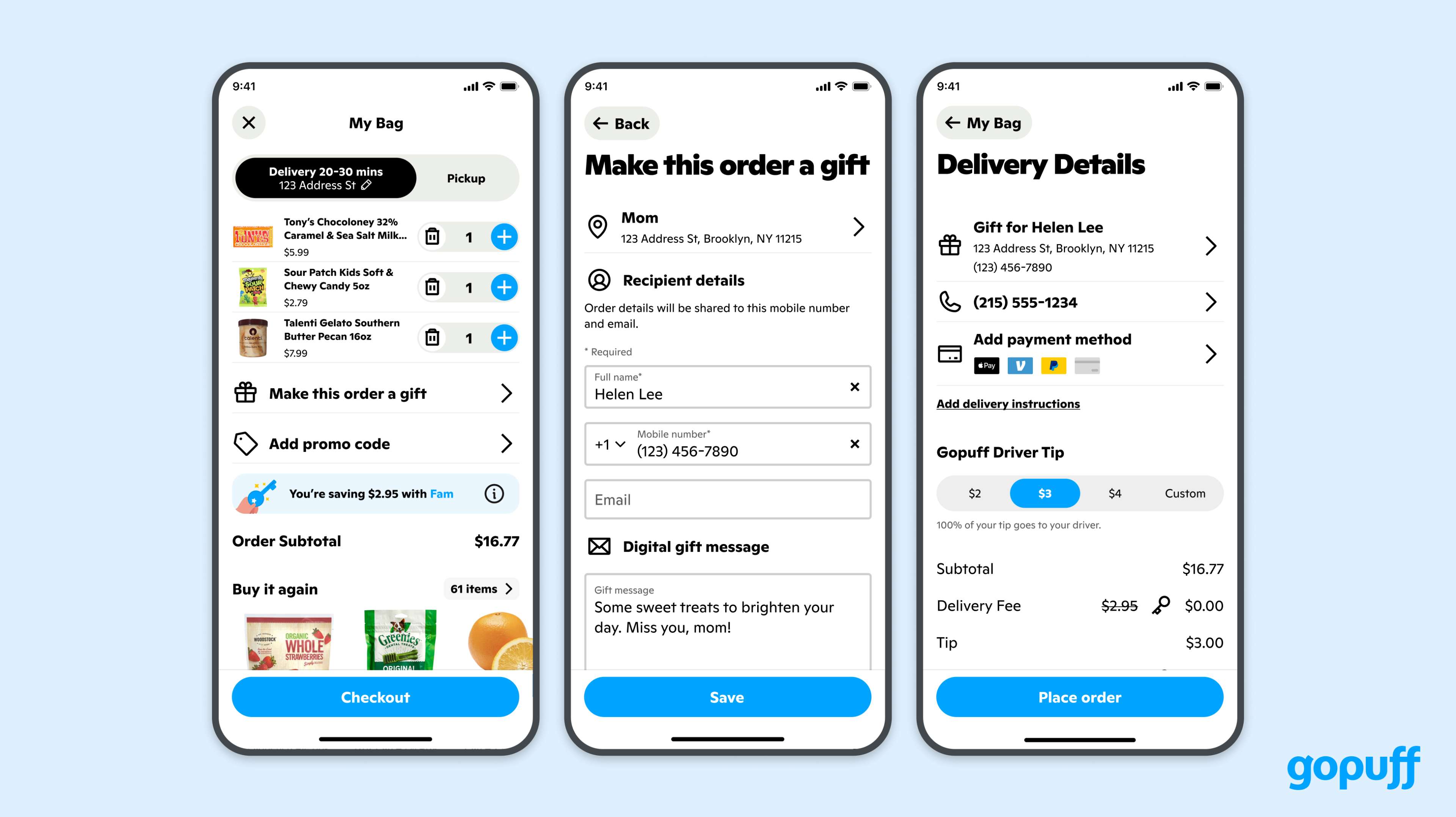 App screenshots of Gopuff's Gifting feature