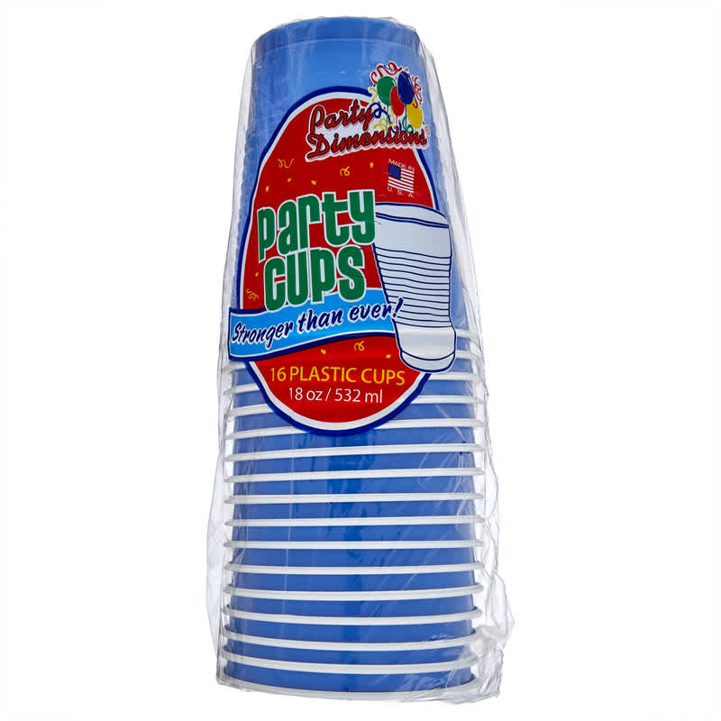A 16-pack of blue party cups