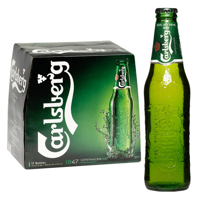 12-Pack of Carlsberg beer next to a single bottle