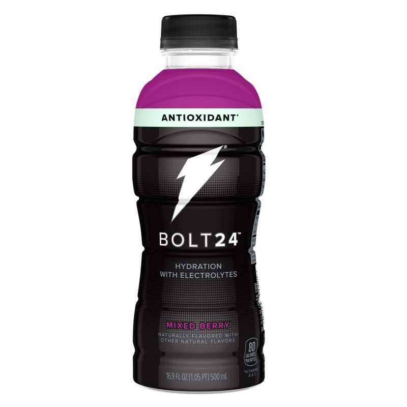 A bottle of Bolt24, mixed berry flavor