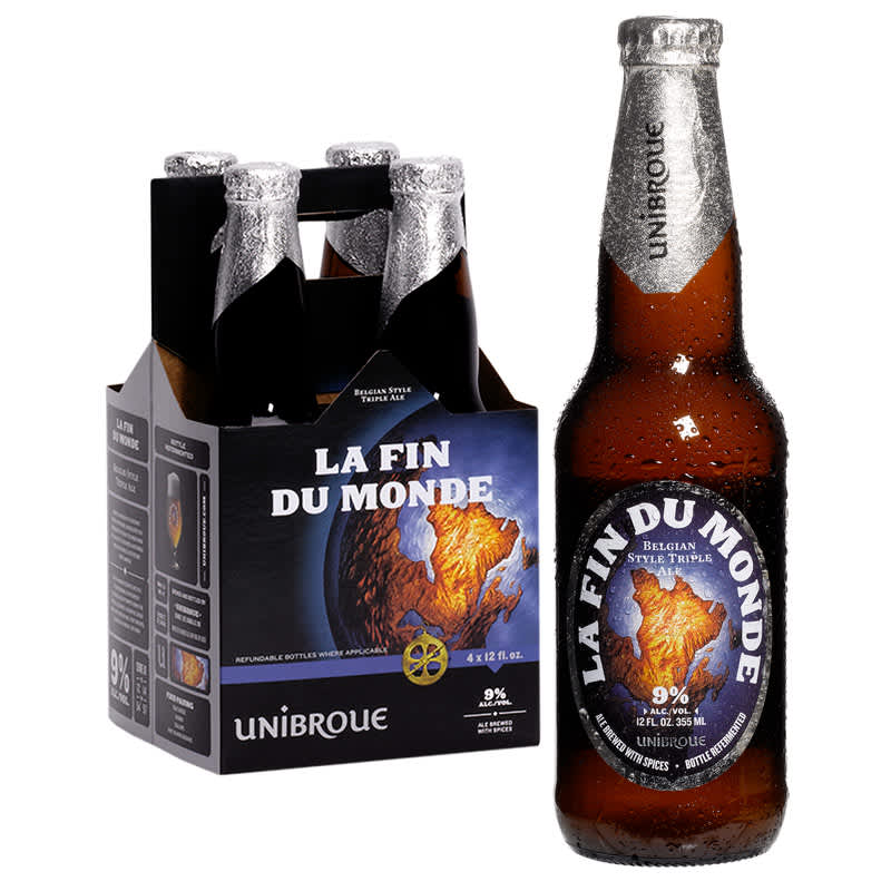 4-Pack of Unibroue La Fin du Monde beer bottles next to a single bottle