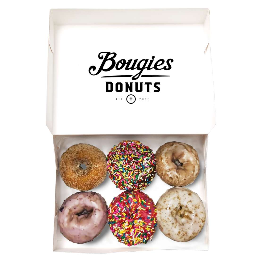 Bougie's Donuts variety pack of 6 assorted donuts