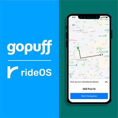 Gopuff rideOS logo on left side and smartphone with the map displayed on the right