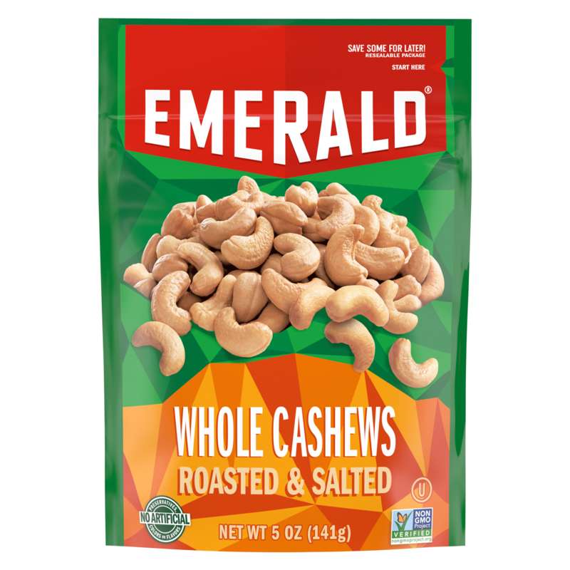 A 5 oz package of Emerald brand roasted and salted whole cashews
