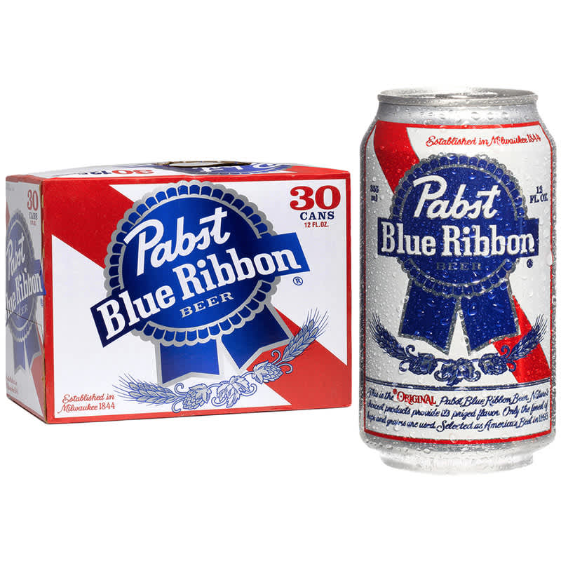 30-pack of Pabst Blue Ribbon cans next to 1 can of PBR
