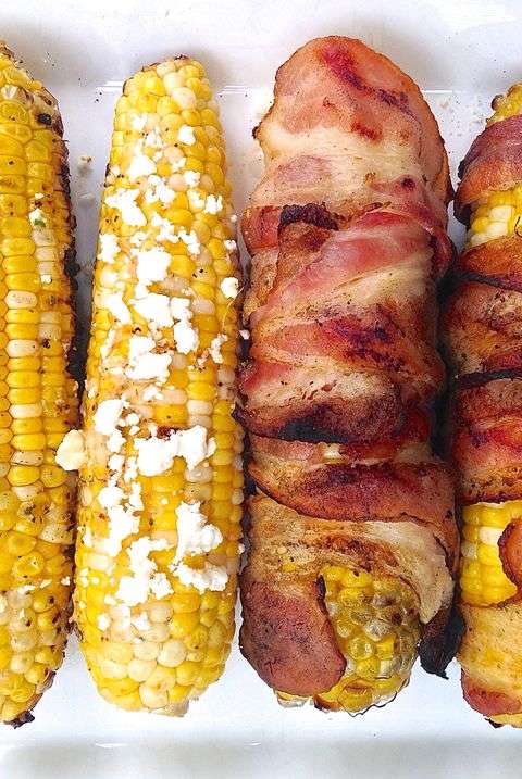 Corn on the cob wrapped in bacon