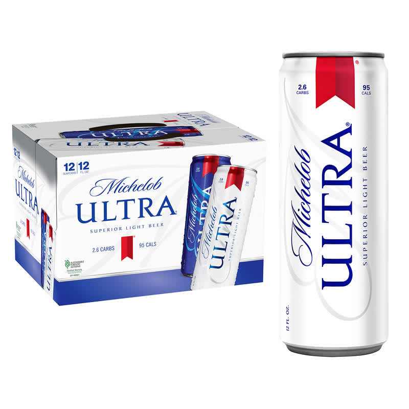 12-pack of Michelob Ultra cans next to 1 Michelob Ultra can