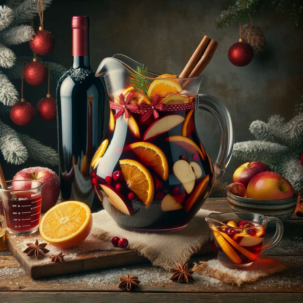 glass pitcher filled with red wine and orange and apple slices