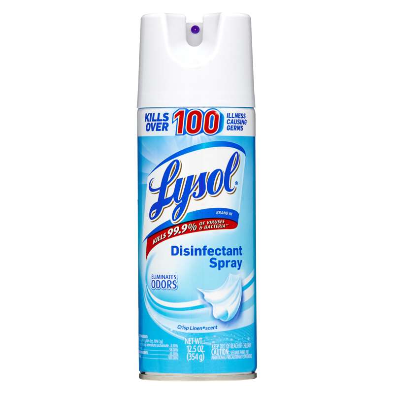 A container of Lysol Crisp Linen Disinfectant Spray