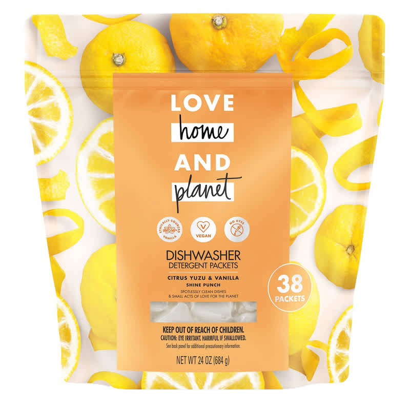 38 ct package of Love Home and Planet Citrus Yuzu & Vanilla Dishwasher Detergent Package