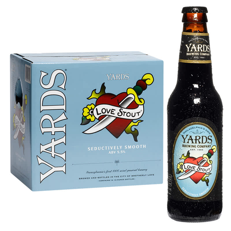 Case of Yards Love Stout next to a single bottle