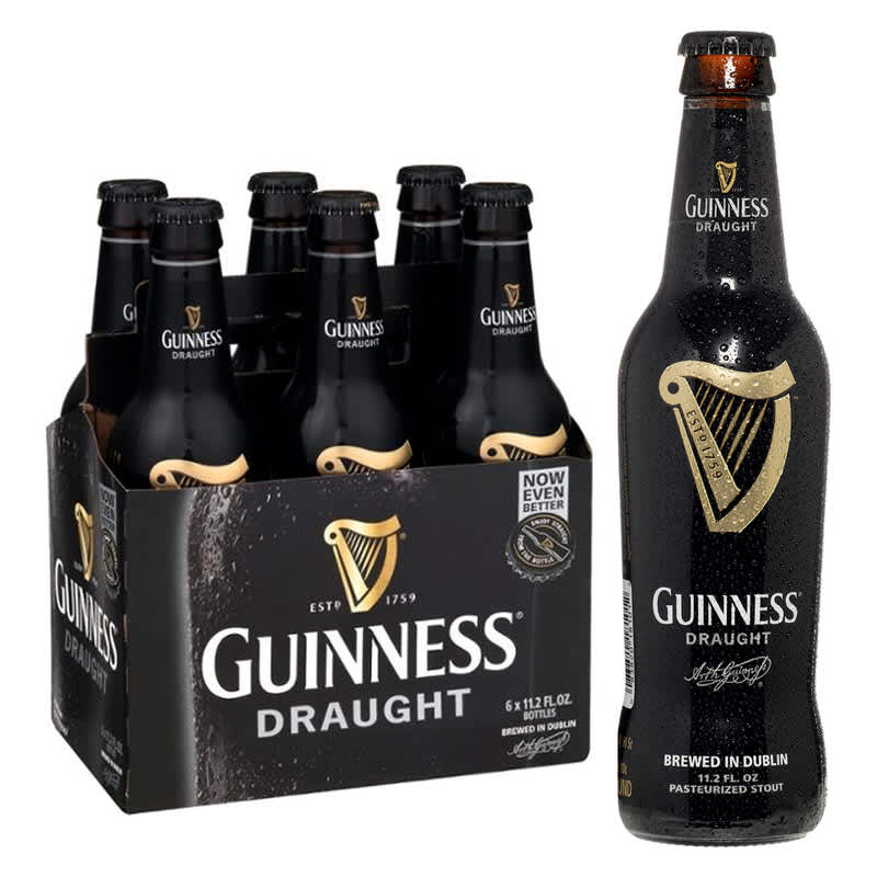 6-Pack of Guinness Draught beer next to a single bottle
