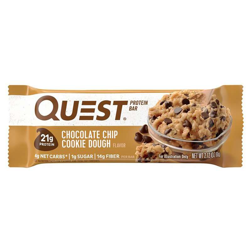 A chocolate chip cookie dough Quest Bar