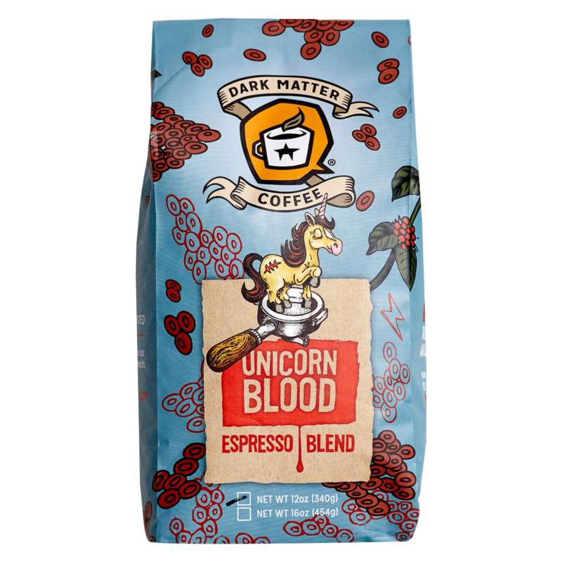 A bag of Unicorn Blood coffee from Dark Matter Coffee located in Chicago