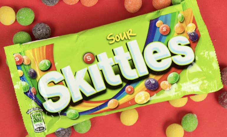 A single-serving bag of Sour Skittles