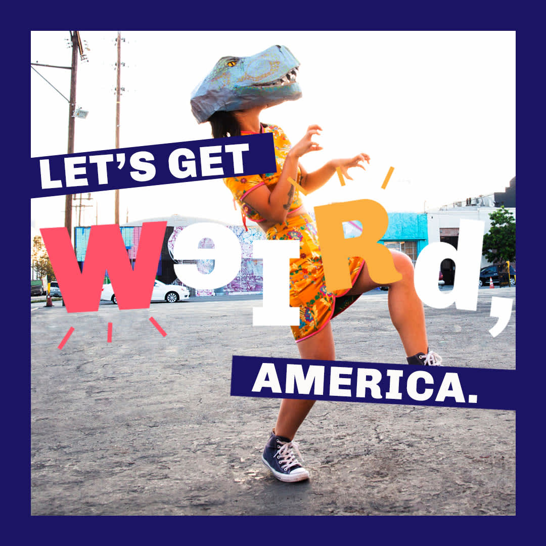 Woman in dinosaur head dancing with “Let’s Get Weird, America” text overlay