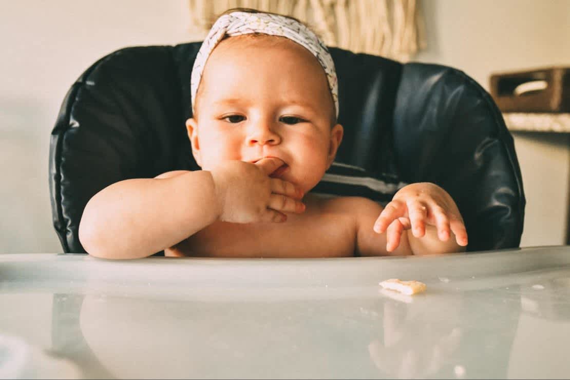 Caucasian baby in high chair eating a cracker 