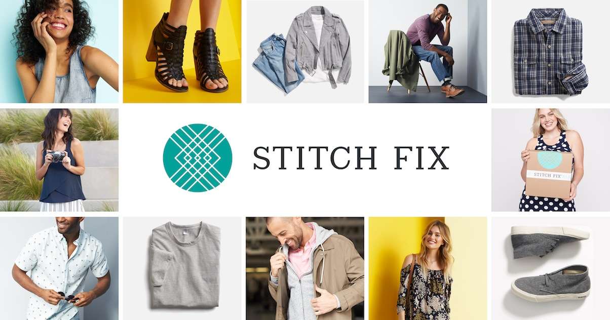 Grid of people and clothing items arranged around the Stitch Fix logo 