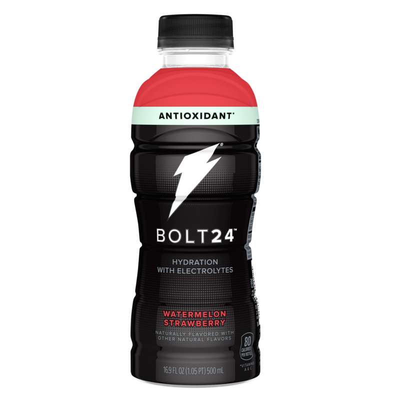 A bottle of Bolt24, watermelon strawberry flavor