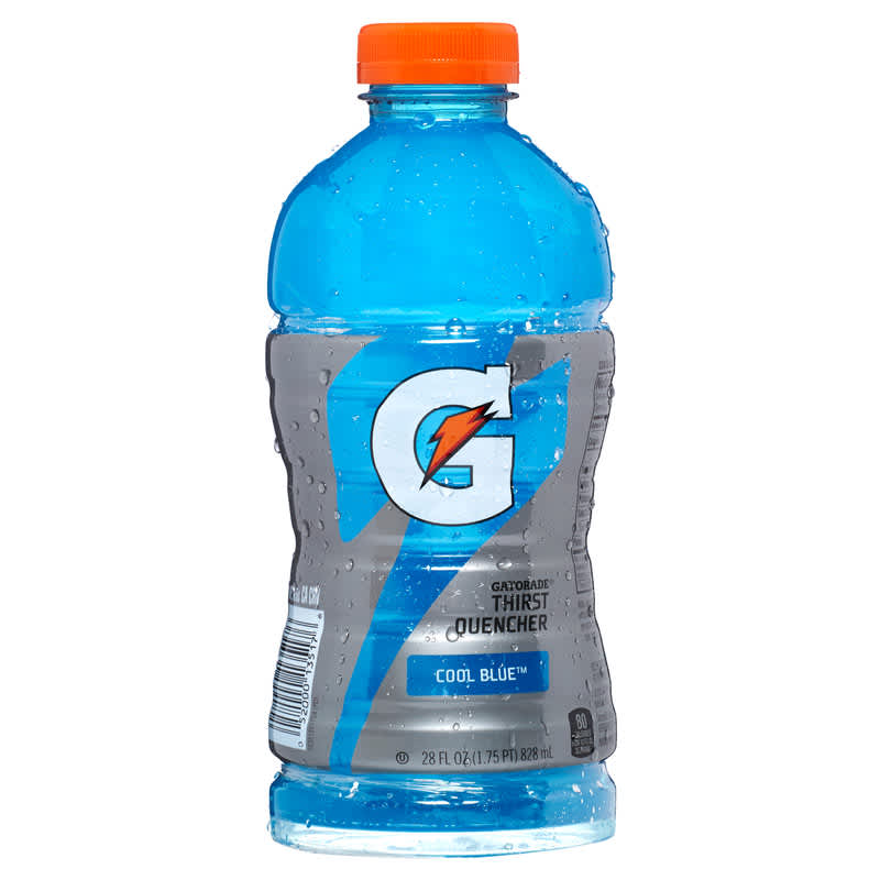A 32 ounce bottle of Gatorade Cool Blue flavor