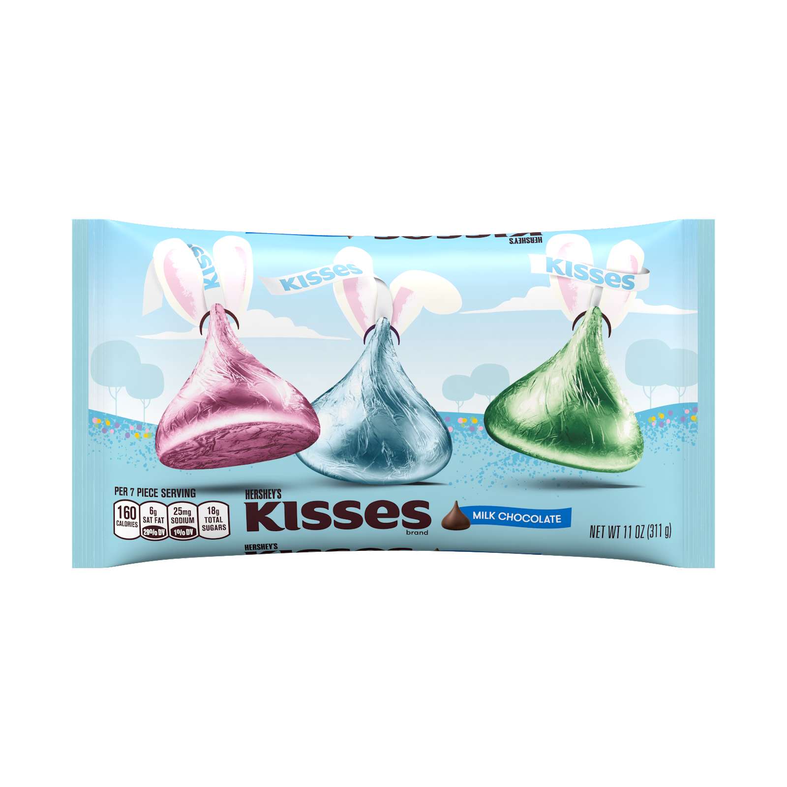 A bag of pastel Hershy Kisses with bunny ears on top of the candies.