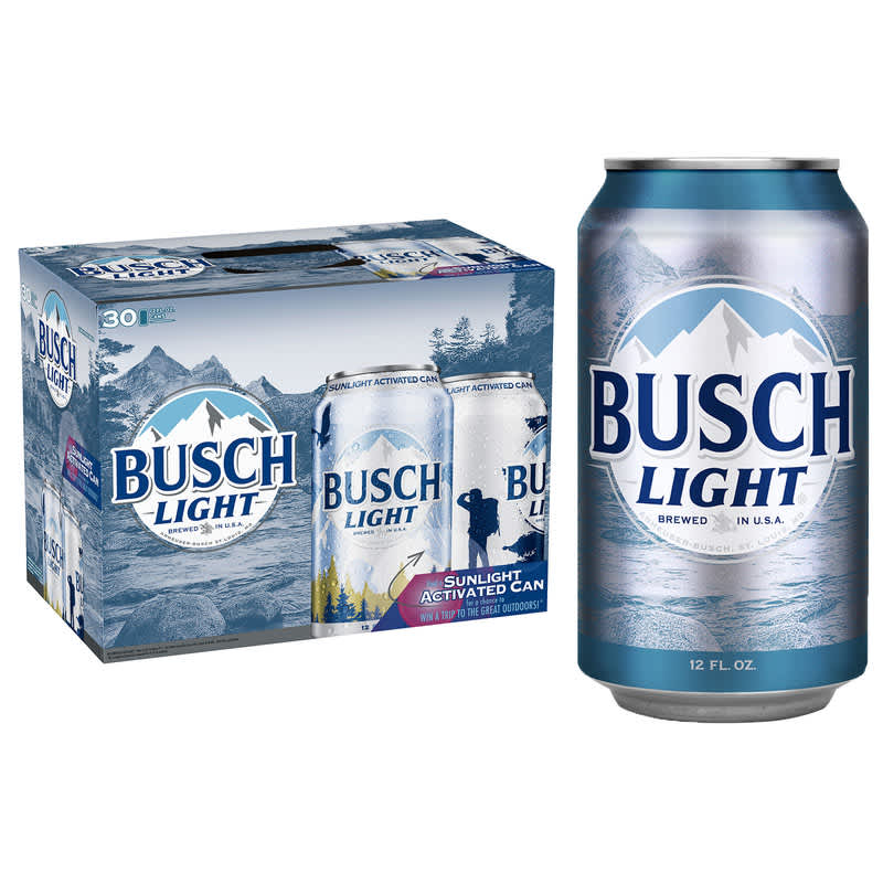 30-pack of Busch Light cans next to 1 Busch Light can 