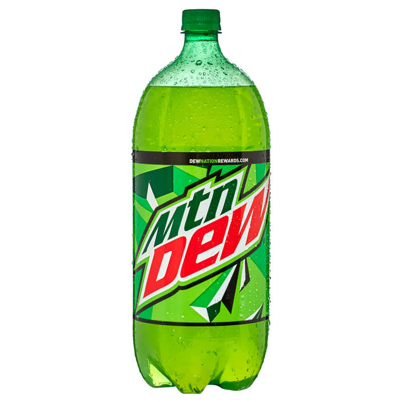 A 2-liter bottle of Mountain Dew soda