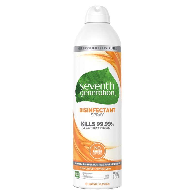 13.9 oz aerosol spray can of Seventh Generation Fresh Citrus & Thyme Disinfectant Spray